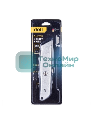 Универсальный нож с Т-образным лезвием Deli DL4260 19 мм, длина 153 мм, в комплекте 3 лезвия SK5, алюминиевый корпус