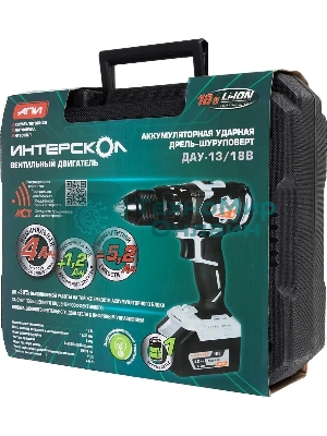 Дрель-шуруповерт ИНТЕРСКОЛ ДАУ-13/18В, 18 В, 4 Ач, 60 Нм, бесщеточный, ударный
