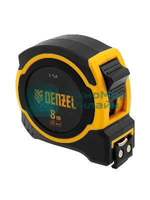 Рулетка Denzel 8м х 25мм, двухкомп. корпус, магнитный обрезиненный зацеп