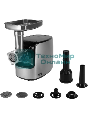 Мясорубка электрическая Rondell RDE-1458 серый, 3000 Вт, 3.5 кг/мин, реверс, защита от перегрузки, металлический лоток, насадки - 5