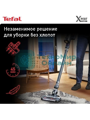 Пылесос вертикальный Tefal TY6838WO серый/фиолетовый, питание от аккумулятора, 100 Вт, уборка сухая, пылесборник 0.55 л
