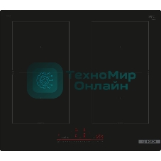 Индукционная варочная панель Bosch PVQ61RHB1E Serie 4, cтеклокерамика, черная, ширина 60 см, 4 индукционных зоны нагрева, в т.ч. с возможностью объединения в 2 зоны CombiZone таймеры прямого и обратного отсчета, таймер отключения всех конфорок, индикация остаточного тепла, блокировка от детей