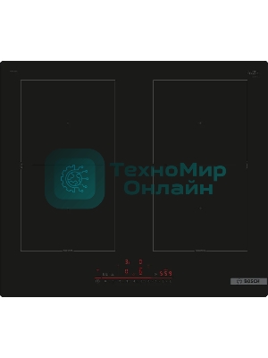 Индукционная варочная панель Bosch PVQ61RHB1E Serie 4, cтеклокерамика, черная, ширина 60 см, 4 индукционных зоны нагрева, в т.ч. с возможностью объединения в 2 зоны CombiZone таймеры прямого и обратного отсчета, таймер отключения всех конфорок, индикация остаточного тепла, блокировка от детей
