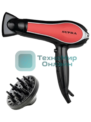 Фен SUPRA PHS-2206L черный/красный, 2200 Вт, ионизация