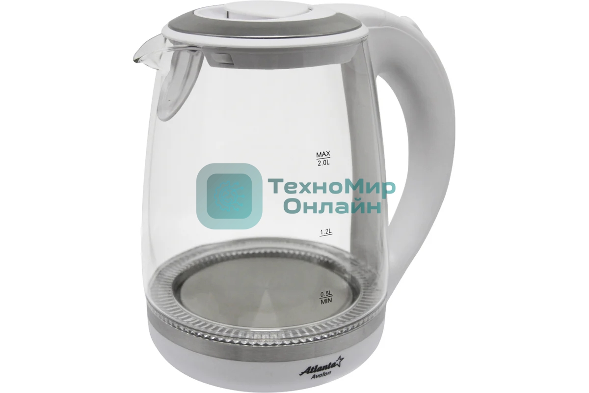 Чайник электрический Atlanta ATH-2471 бел, стекло Стекло, 2л, 2200 Вт, белый, температурная иллюминация, защита от перегрева без воды.