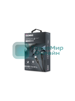 Кабель OLMIO REEL, Type-C - Type-C, 60W 3A, 1.2м, тканевая оплетка, черный