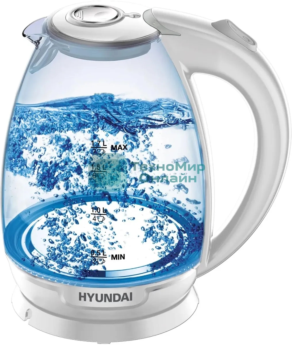 Чайник электрический Hyundai HYK-G2409 1.7 л, 2200 Вт, белый/серебристый (корпус: стекло)