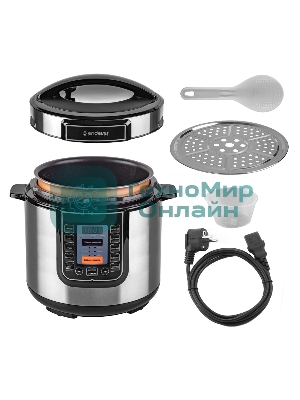 Скороварка-мультиварка электрическая Endever Vita-132, черный/стальной, мощность 1200 Вт, емкость 6л, 16 авторежимов работы, книга рецептов, 2 шт/уп.