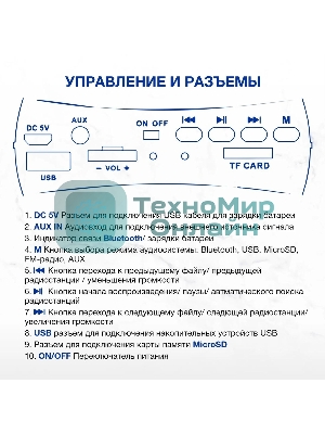 Колонка портативная Hyundai H-PAC220 черный/голубой 10W 1.0 BT/3.5Jack/USB