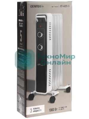 Обогреватель масляный Centek CT-6221-5 (5 секций) белый, 400/600/1000 Вт, 12,5 м2, 3 режима, термостат