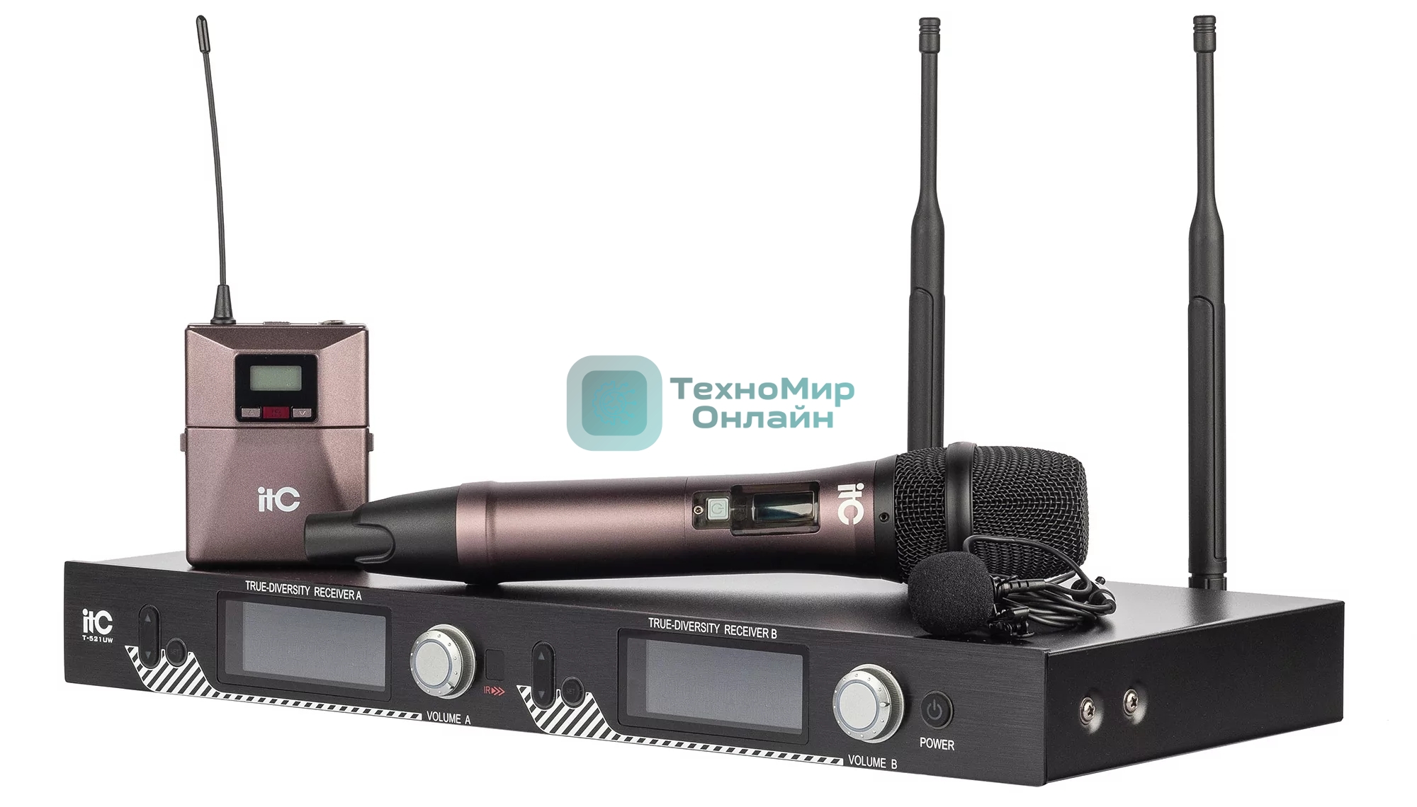 Радиосистема ITC T-521UT UHF двухканальная с петличным и ручным микрофонами, LCD дисплей, True Diversity, частотный диапазон 470-510 MHz.