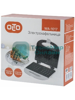Вафельница OLTO WA-1017 750 Вт, антипригарное покрытие, защита от перегрева, белый