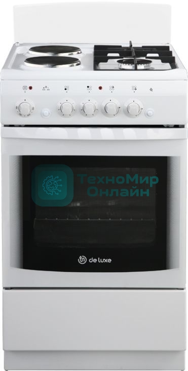 Плита комбинированная De Luxe 506022.03гэ(щ) ЧР-030 белый/черный, конфорок газовых 2 шт и электрических 2 шт, духовка 54 л, 50 см x 85 см x 60 см