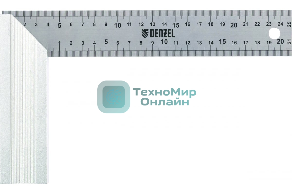Угольник Denzel стальной, нержавеющая сталь, градуировка, алюминиевое основание, 250 мм