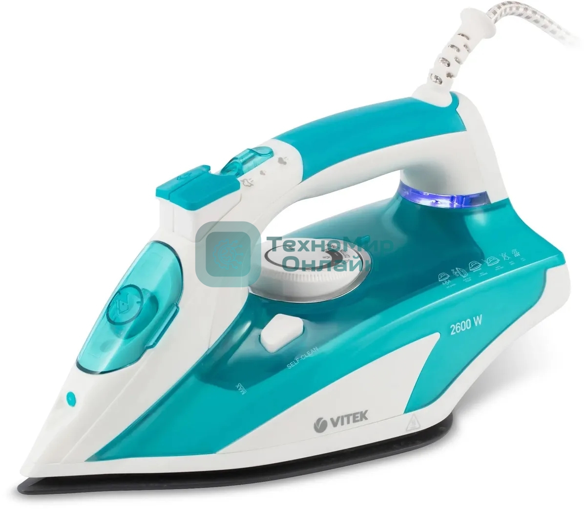 Утюг Vitek VT-8355 (MC) белый/бирюзовый 1. Максимальная мощность 2600 Вт 2. Керамическая подошва 3. Емкость для воды 400 мл
