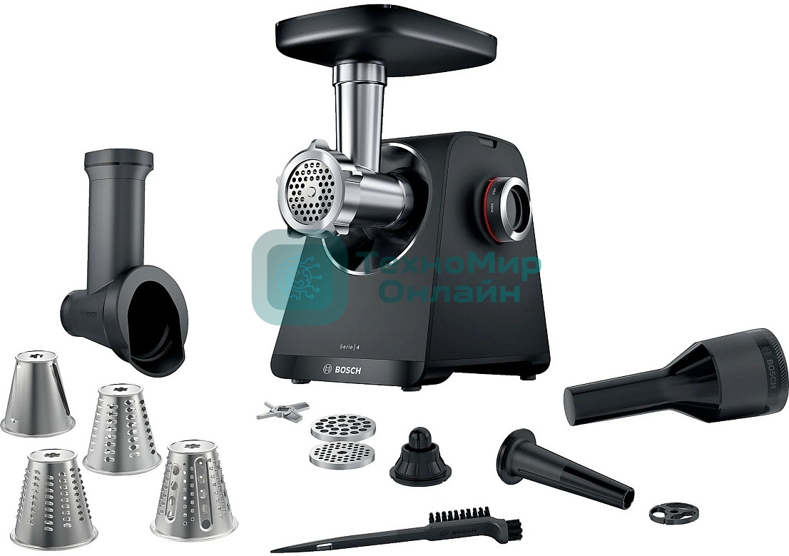 Мясорубка электрическая Bosch MFWS440B черный, 1900 Вт, 2.5 кг/мин, реверс, защита от перегрузки, насадки - 7