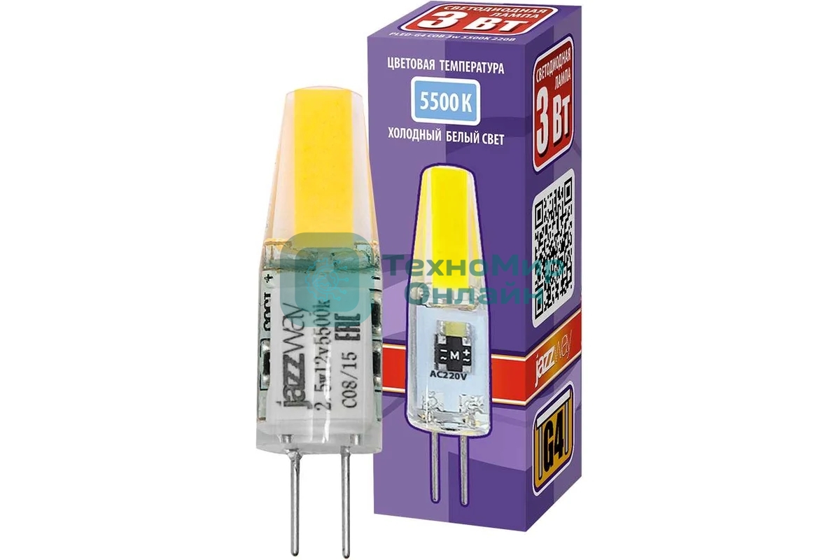 Лампа светодиодная JazzWay PLED-G4 COB 3Вт капсульная 5500К холодный белый G4 240лм 220В