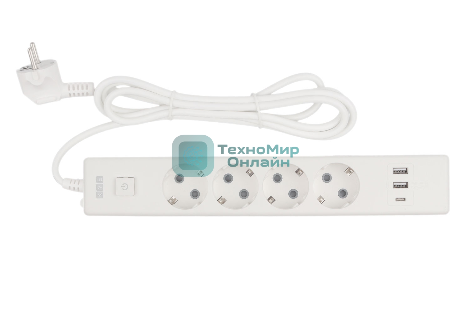 Бытовой удлинитель PowerCube, 4 р с/з вык., 3USB, 3500 Вт, 16А, 1.9 м, 3x1,0 (белый) PC-6-2M