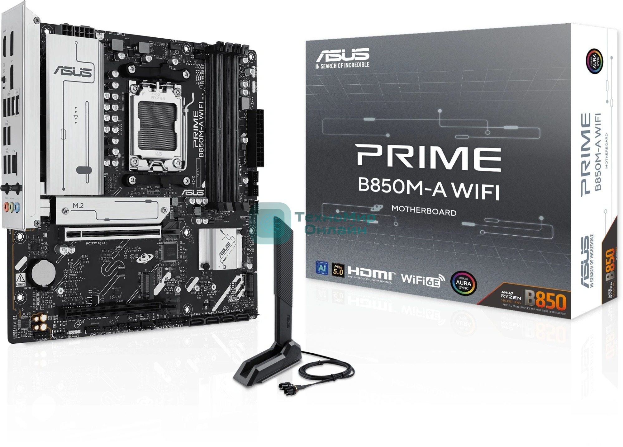 Материнская плата ASUS PRIME B850M-A WIFI, AM5, AMD B850, 4xDDR5, 4xSATA, 3xM.2, 1xPCIe 5.0 x16, 1xPCIe 4.0 x16, 1xHDMI, 2xDP, 1x2.5Gb LAN, Wi-Fi 6E, Bluetooth 5.3, 2xUSB-A 10Gbps, 2xUSB-A 5Gbps, 4xUSB-A 2.0, 3x3.5 мм, 7.1, mATX