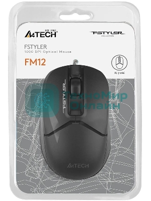 Мышь проводная A4Tech Fstyler FM12S черный, 1200 dpi, USB, кнопки - 3