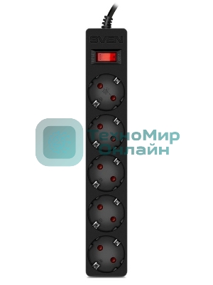 Сетевой фильтр SVEN SF-05E 3,0 м (5 розеток с защитными шторками) черный, цветная коробка