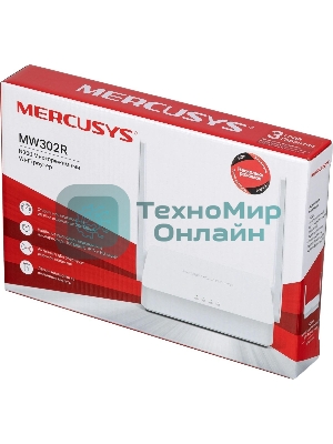 Роутер Mercusys 300Mbps Multi-Mode Wireless N Router, 2× Fixed External Antennas, 2× 10/100 Mbps LAN Ports, 1× 10/100 Mbps WAN Port, FEATURE: Access Point Mode, WPS/Reset Button, IPTV, IPv6, Beamforming, MU-MIMO, Parental Controls, Guest Network