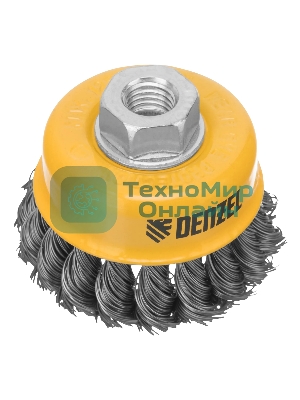 Щетка для УШМ Denzel 75 мм, М14, чашка, крученая нержавеющая проволока 0,5 мм