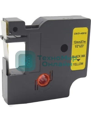 Картридж ленточный Cactus CS-D1-45018 12мм, черный шрифт, желтый фон, 7м для DYMO LM 160, 210D, 280, PnP, 420P, 500 TS; Rhino Pro 6000, 5200, 4200