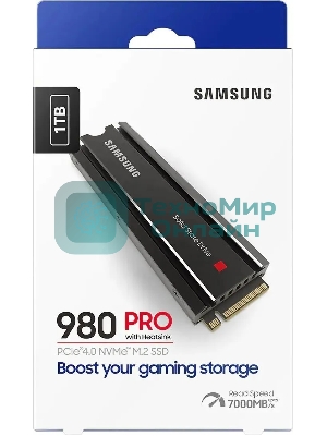 Накопитель SSD Samsung 980 PRO, 1TB, PCIe 4.0 x4, M.2 2280, NVMe, R/W 7000/5000, с радиатором