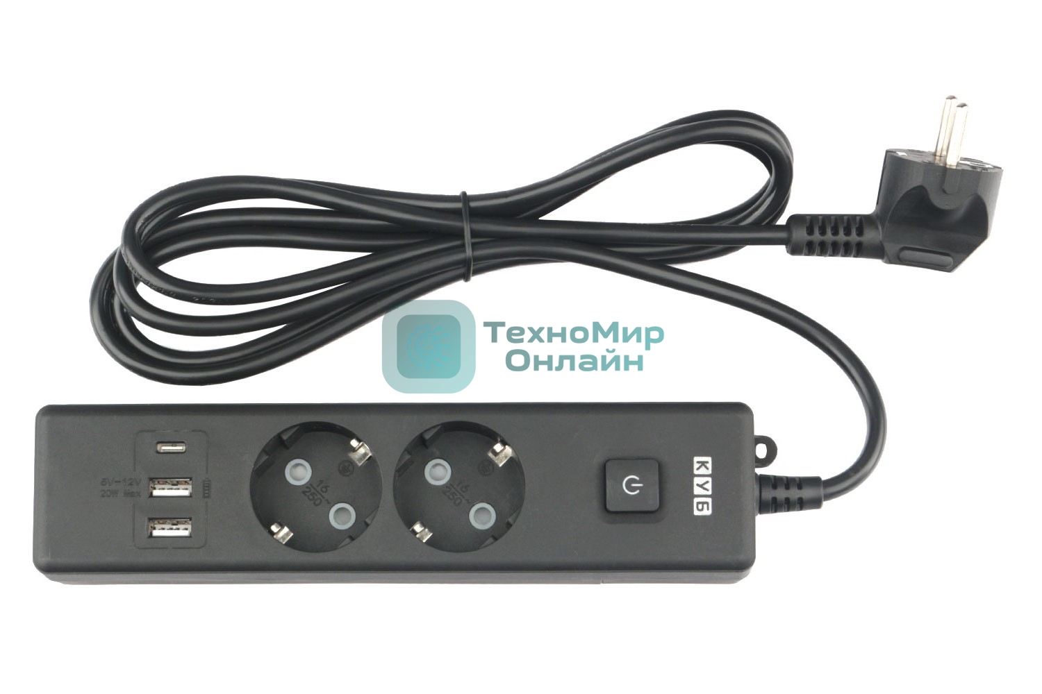 Бытовой удлинитель PowerCube, 2 р с/з вык.,3USB, 3500 Вт, 16А, 1.9 м, 3x1,0 черный PC-5B-2M