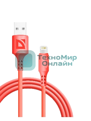Кабель Defender F207, USB 2.0 (AM) - Apple Lightning (M), 1метр, 2.4А, силиконовая оплетка, красный.