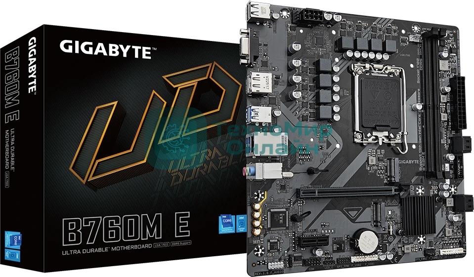 Материнская плата Gigabyte B760M E, LGA 1700, Intel B760, 2xDDR5, 4xSATA, 2xM.2, 1xPCIe 4.0 x16, 1xPCIe x1, 1xVGA, 1xHDMI, 1xDP, 1x1Gb LAN, 4xUSB-A 5Gbps, 2xUSB-A 2.0, 3x3.5 мм, 7.1, mATX