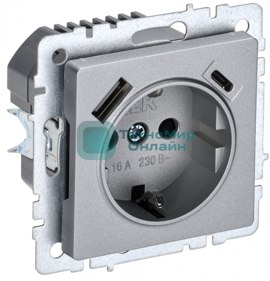Розетка 1-местная IEK BRITE РЮш11-1-БрА (BR-R14-16-U22-018-K47) с заземлением, с защитными шторками, 16А, с USB A+C 18 Вт, алюминий