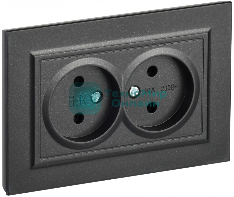 Розетка 2-местная IEK BRITE РС12-2-БрЧ (BR-R20-10-K02-F) 10А, в сборе, без заземления без защитных шторок, черный