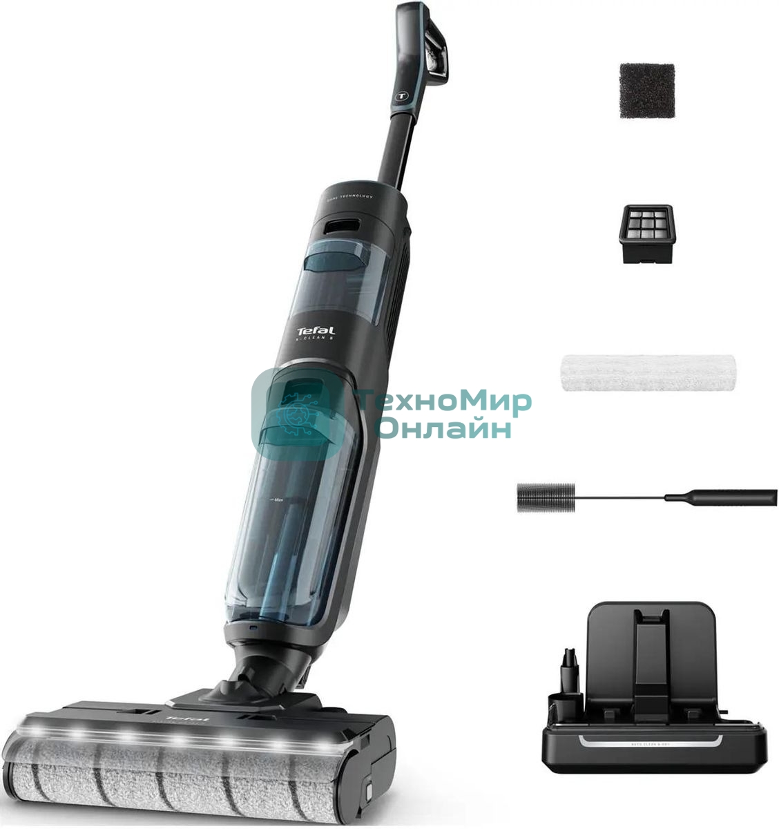 Пылесос вертикальный моющий Tefal X-Clean 5 GF5555F0 серый/черный, от аккумулятора, 200 Вт, уборка влажная, пылесборник 0.44 л