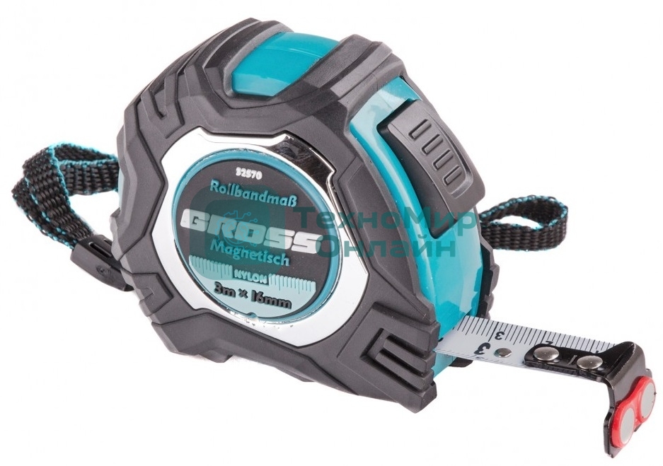 Рулетка Gross Magnetisch, 3 м х 16мм, обрезин. корпус, автоматич. фиксация, нейлон. покр., магн. зацеп