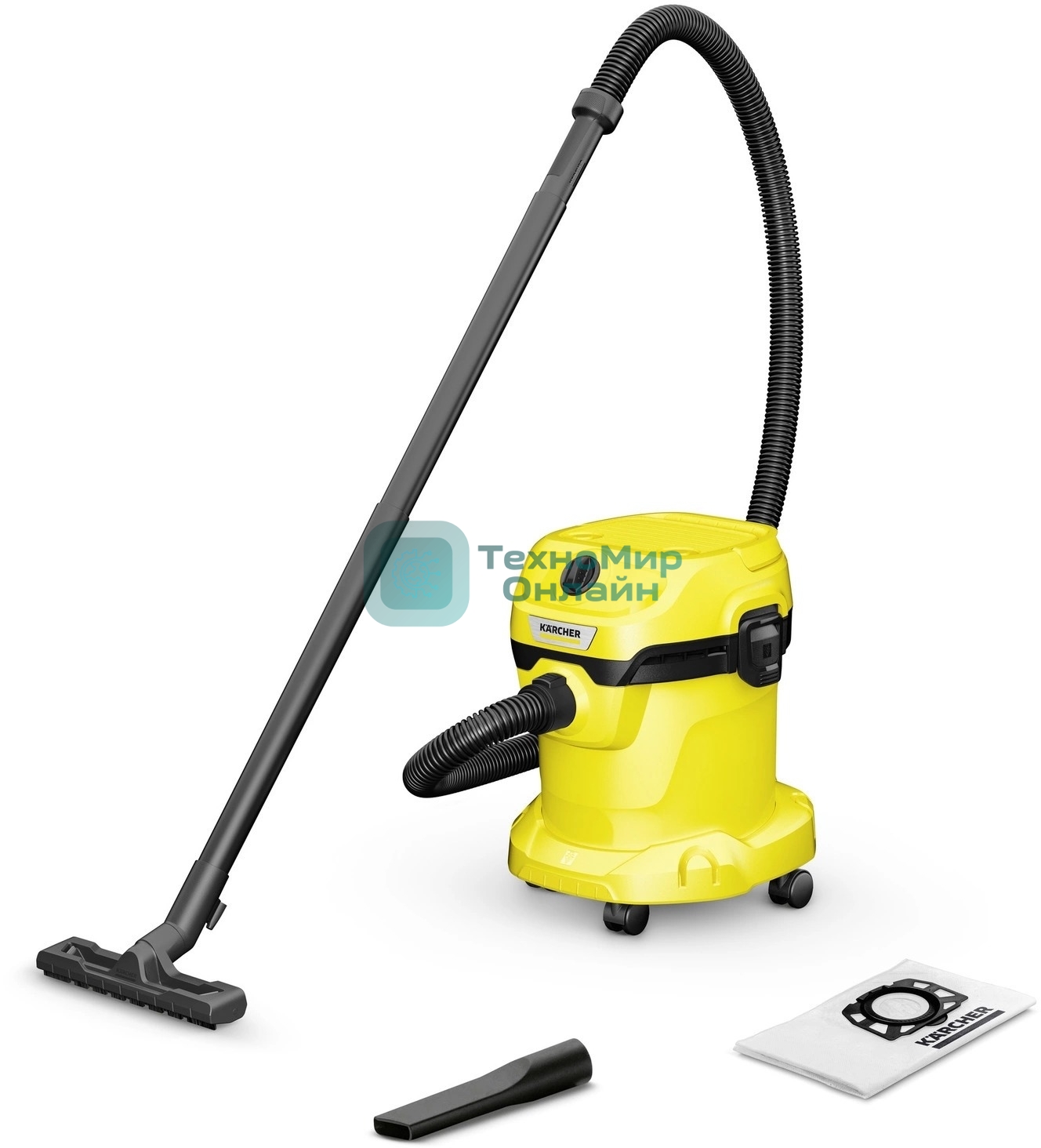 Строительный пылесос Karcher WD 2 V-15/4/18 желтый, 180/1000 Вт, уборка сухая/влажная, пылесборник мешок/контейнер, 15 л