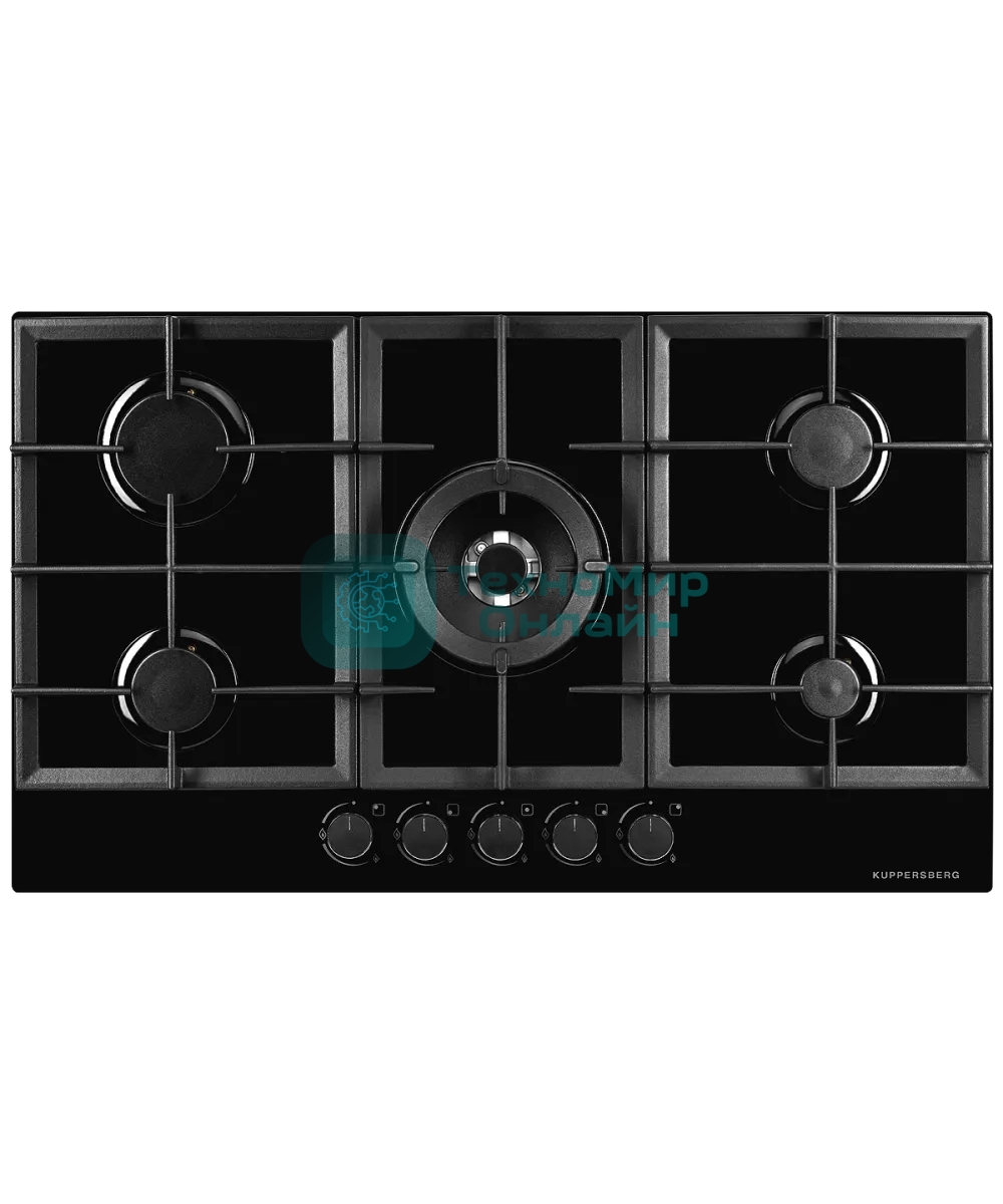 Газовая варочная панель Kuppersberg FG 95 B, закаленное стекло, ширина 90 см, 5 газовых конфорок, WOK конфорка(4,2 кВт), автоподжиг, газ-контроль, чугунные решетки, черный