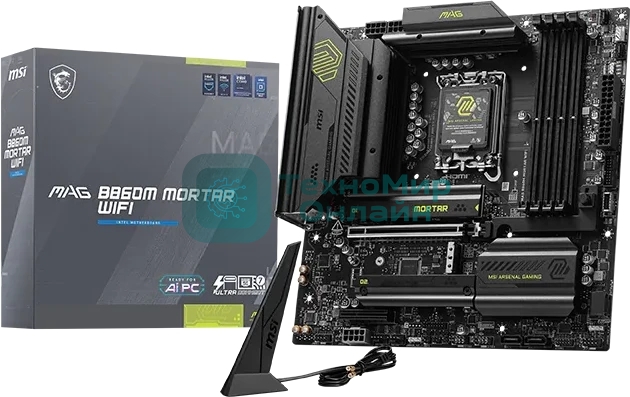 Материнская плата MSI MAG B860M MORTAR WIFI, LGA 1851, Intel B860, 4xDDR5 (до 256 ГБ), 4xSATA, 3xM.2 (1xPCIe 5.0, 2xPCIe 4.0), 1xPCIe 5.0 x16, 1xPCIe 4.0 x4, 1xHDMI, 1xDP, 1x5Gb LAN, Wi-Fi 7, Bluetooth 5.4, 1xUSB-C 40Gbps (Thunderbolt 4), 1xUSB-C 10Gbps, 3xUSB-A 10Gbps, 4xUSB-A 2.0, 3x3.5 мм + S/PDIF оптический, 7.1, чёрный, mATX