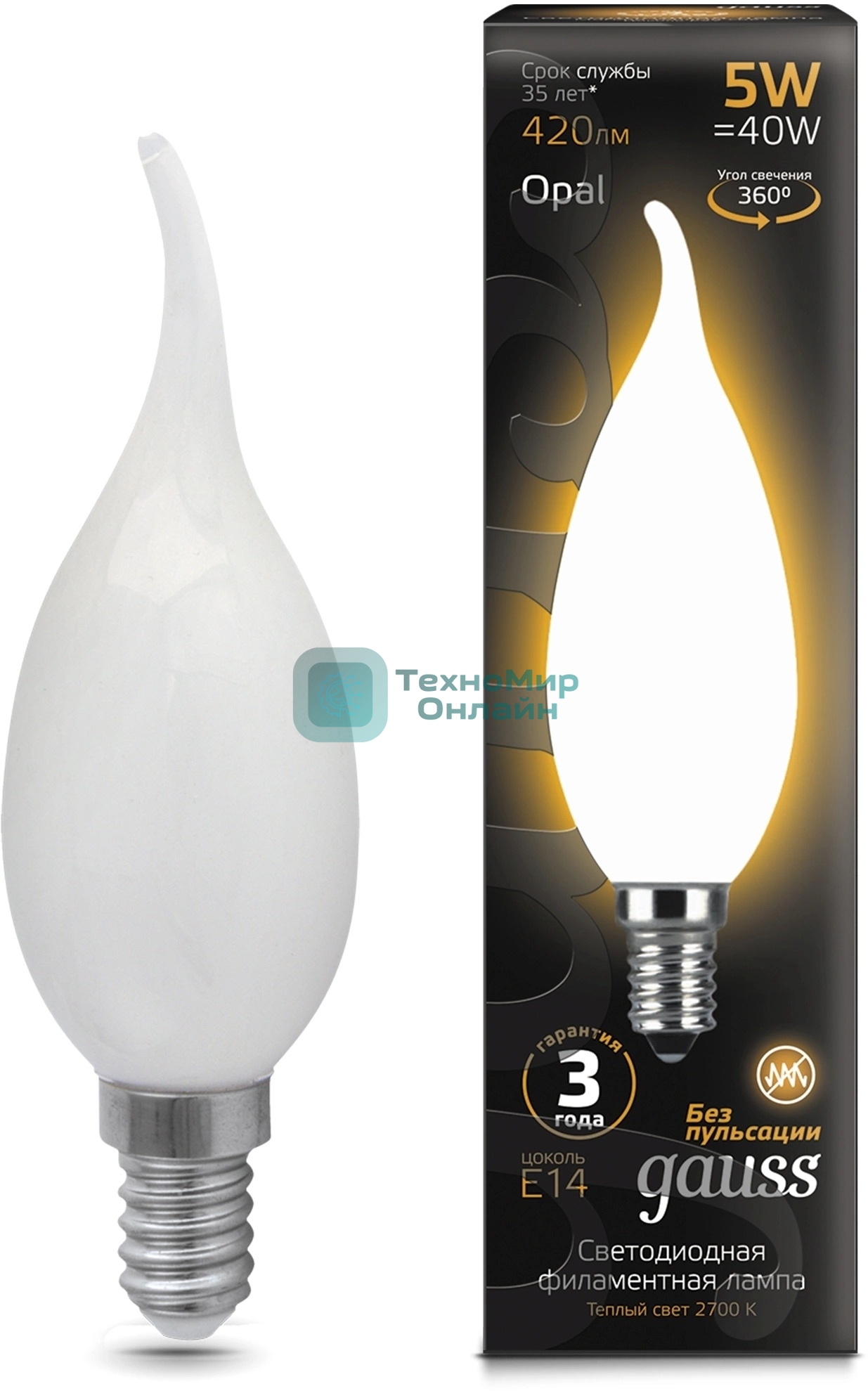 Лампа светодиодная филаментная Gauss Filament 5Вт цок.: E14 свеча 220B св. свеч. бел. теп. (упак.: 10 шт)