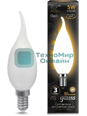 Лампа светодиодная филаментная Gauss Filament 5Вт цок.: E14 свеча 220B св. свеч. бел. теп. (упак.: 10 шт)