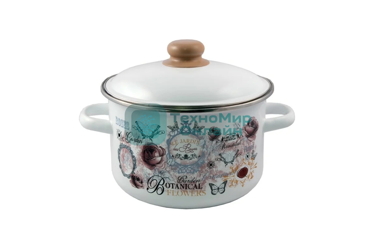 Кастрюля Appetite 1RD221М Roses с крышкой, эмалированная сталь, цилиндрическая 5,5 л