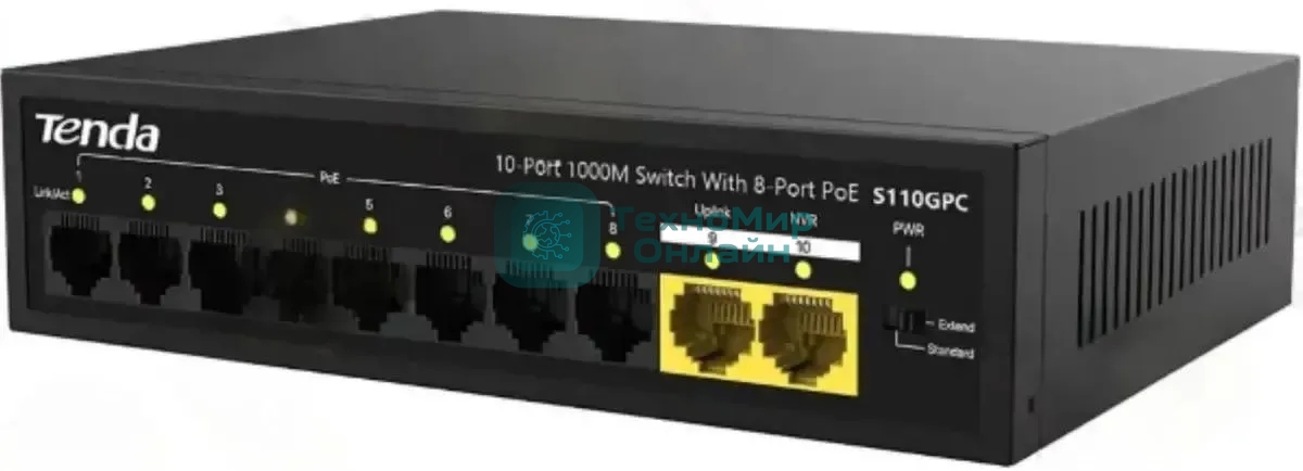 Коммутатор неуправляемый Tenda S110GPC PoE, 10 портов, 8x100 Мбит/с, 2х1 Гбит/с, PoE 8х30 Вт (до 80 Вт), настольный