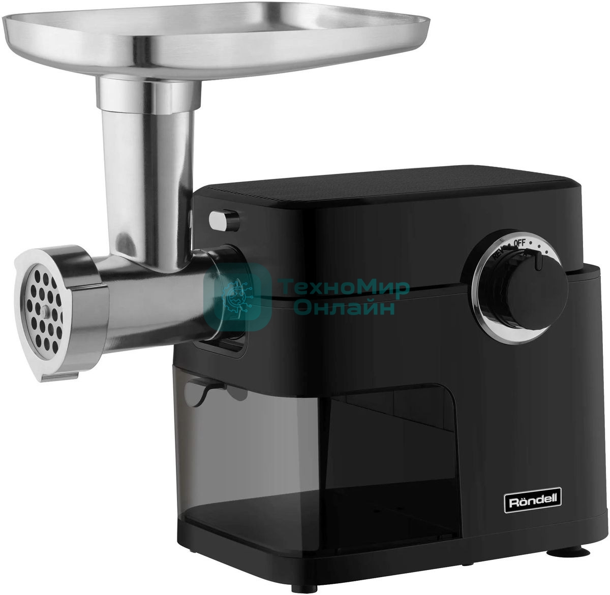 Мясорубка электрическая Rondell RDE-1453 черный, 2000 Вт, 1.8 кг/мин, реверс, защита от перегрузки, металлический лоток, насадки - 5