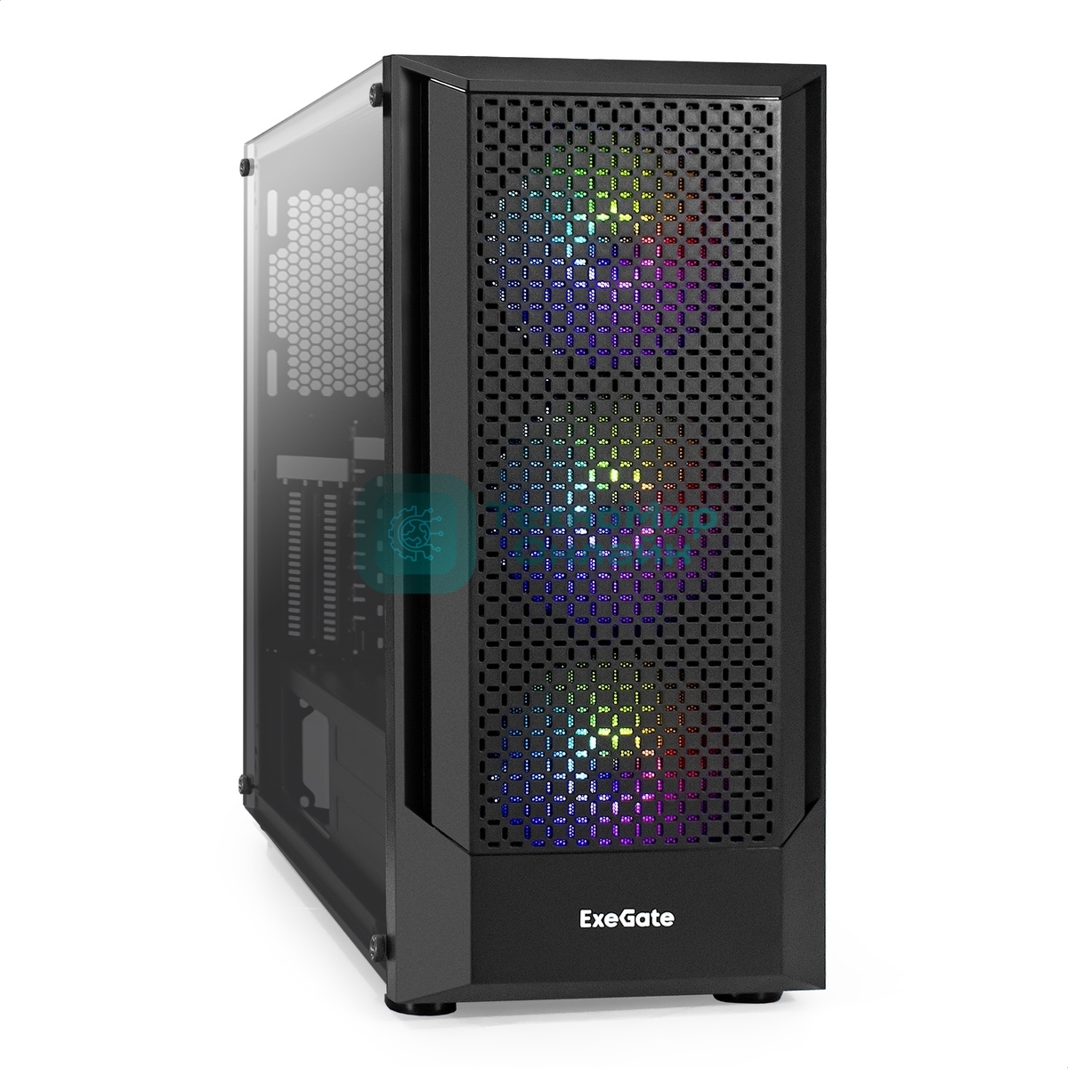 Компьютерный корпус Miditower ExeGate EVO-8227-EVO800 (ATX, БП EVO800RGb с вент. 12 см, 2*USB+1*USB 3.0+HD Audio, черный, 3 вент. RGb, закаленное стекло)