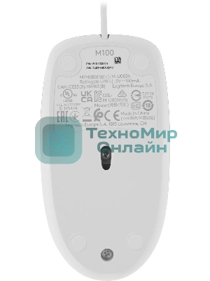 Мышь проводная Logitech M100 белый, 1000 dpi, USB, кнопки - 3