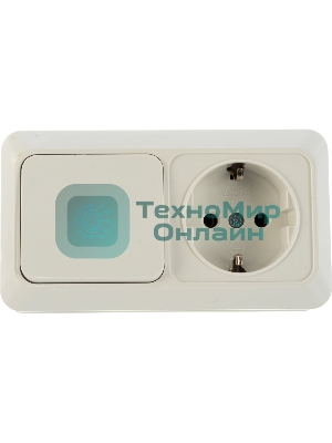 Блок выключатель одноклавишный + розетка с заземлением Олимп горизонтальный белый
