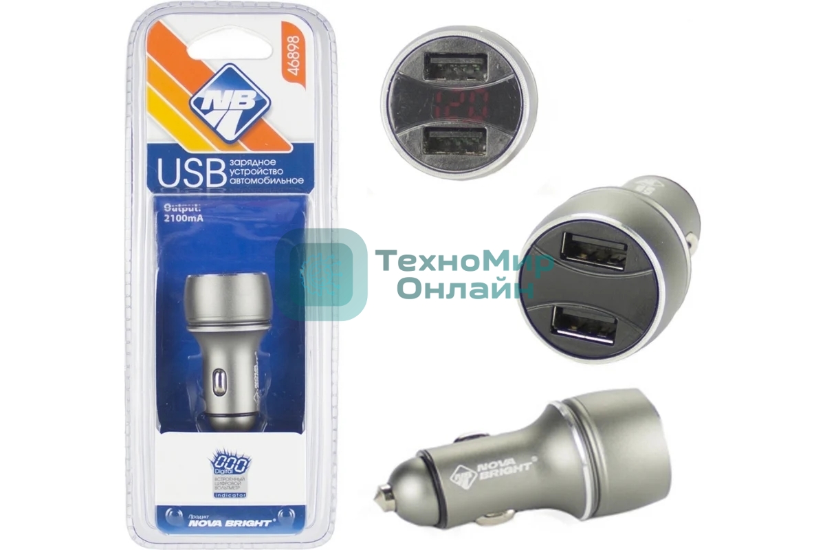 Сетевое зарядное устройство NOVA BRIGHT для моб.устройств, 2 USB-порта, 2100мА + цифровой LED вольтметр, 12/24В 46898