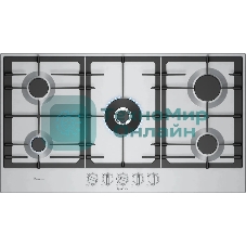 Газовая варочная панель Bosch PCR9A5I90M,90 см,нержавеющая сталь, 5 конфорок, 1 WOK-конфорка c 2 контурами пламени, 1 конфорка повышенной мощности,чугунные решетки,газ-контроль, автоматический электроподжиг
