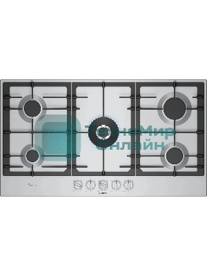Газовая варочная панель Bosch PCR9A5I90M,90 см,нержавеющая сталь, 5 конфорок, 1 WOK-конфорка c 2 контурами пламени, 1 конфорка повышенной мощности,чугунные решетки,газ-контроль, автоматический электроподжиг